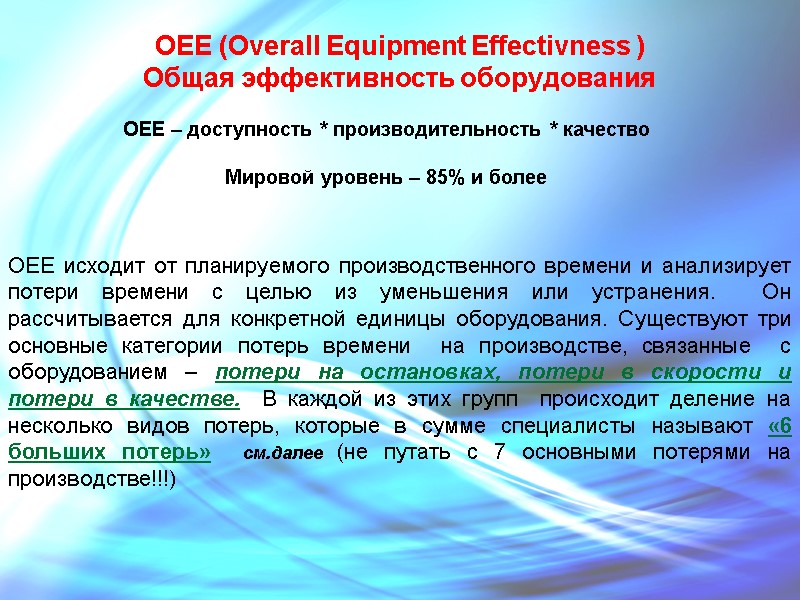 OEE (Overall Equipment Effectivness ) Общая эффективность оборудования ОЕЕ – доступность * производительность *